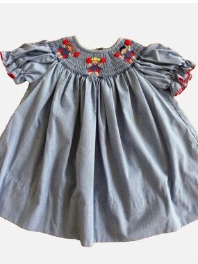 Amanda Remembered Smocked Cheerleader Bishop Dress 12M Red Blue Gingham
